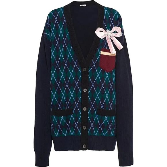 Miu Miu Preppy Argyle Ivy League Virgin Wool Pearl Bow Cardigan - Picture 2 of 13
